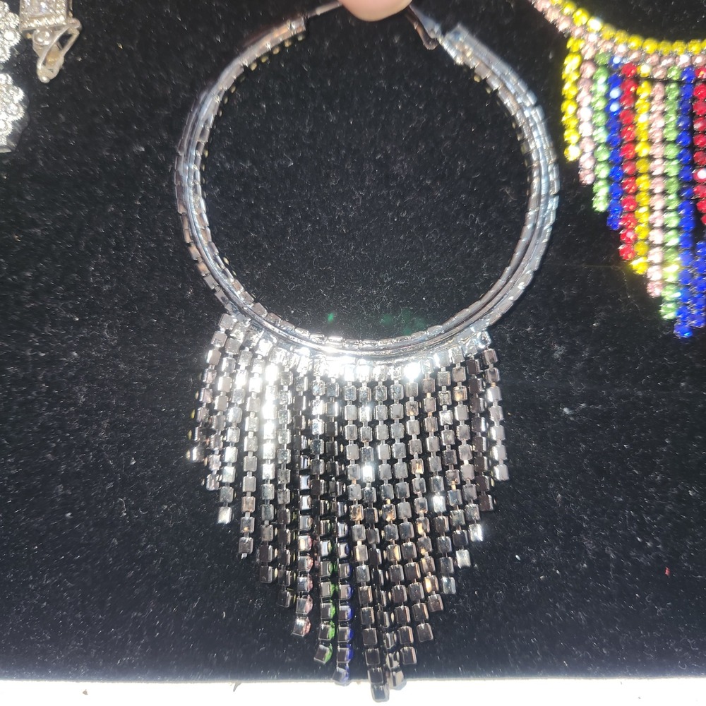 Multi Color Rhinestone Fringe Hoop Earrings Rainbow Crystal Tassel Statement - Picture 11 of 11